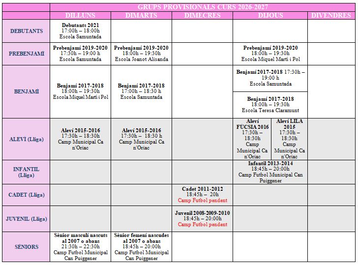 Quadre dels equips de l’Escola de Futbol Caserna per al curs 2026-2027